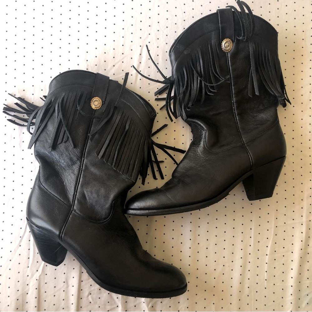 Black genuine leather fringe cowboy boots - BRAND NEW Vibrum soles - Women’s 8.5
